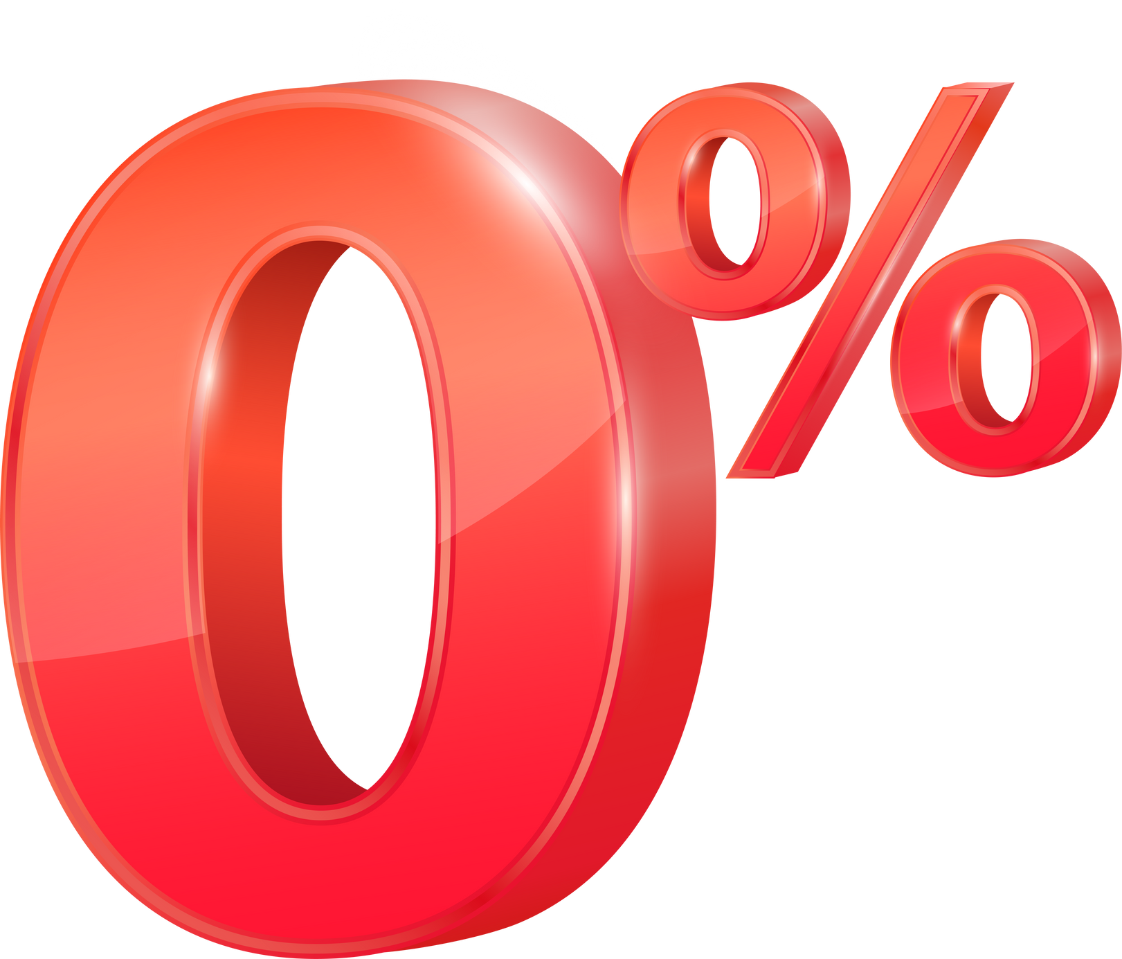 Red 0% text. Zero percent for special offer.  Financial business concept. 3D file PNG illustration.